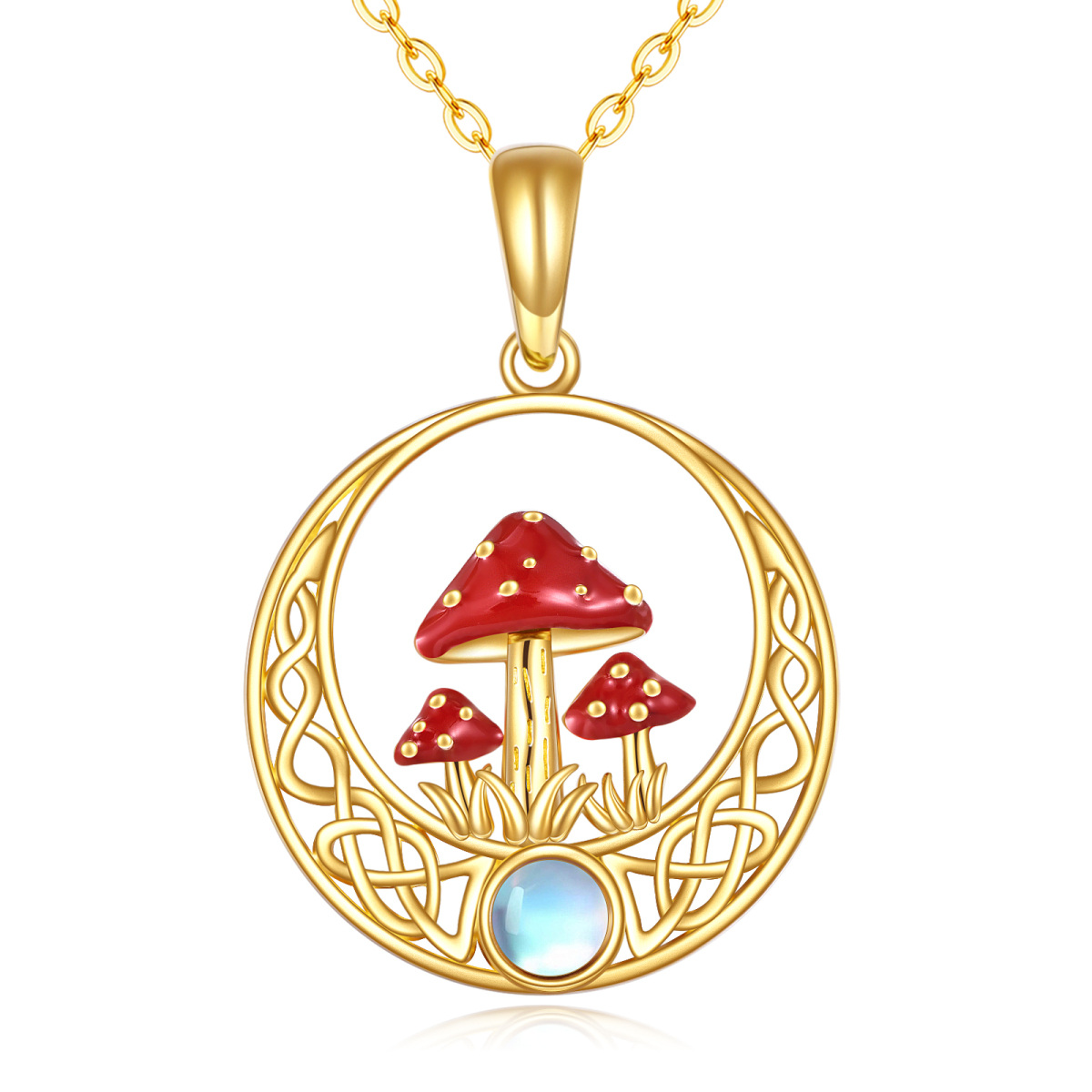 10K Gold Moonstone Mushroom & Celtic Knot Pendant Necklace-1