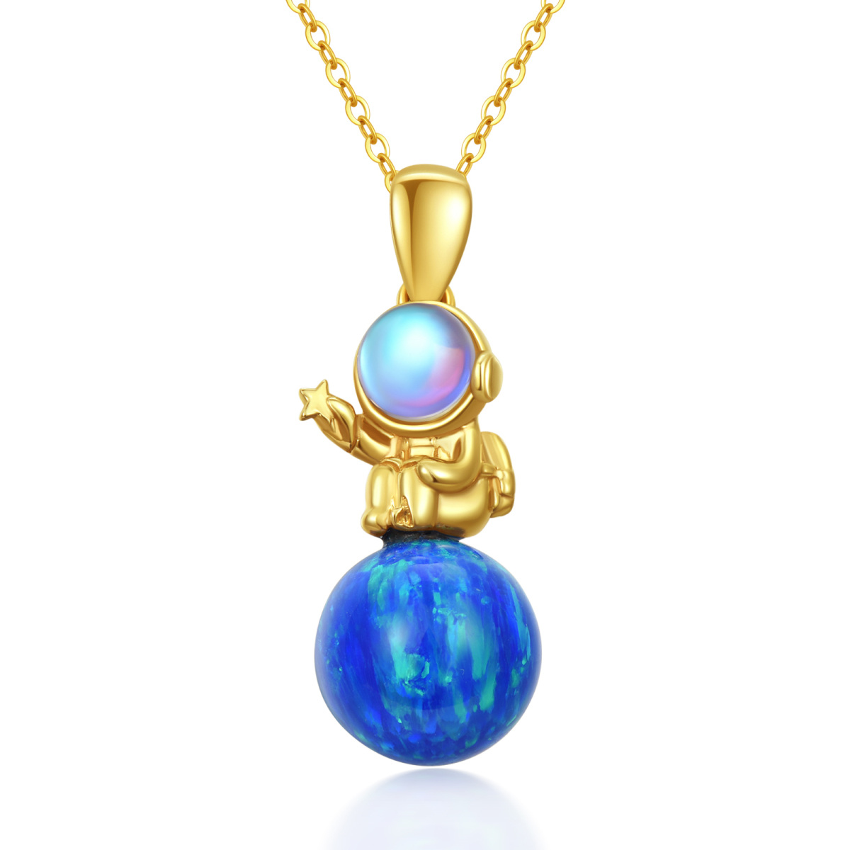 10K Gold Moonstone & Opal Astronaut Pendant Necklace-1