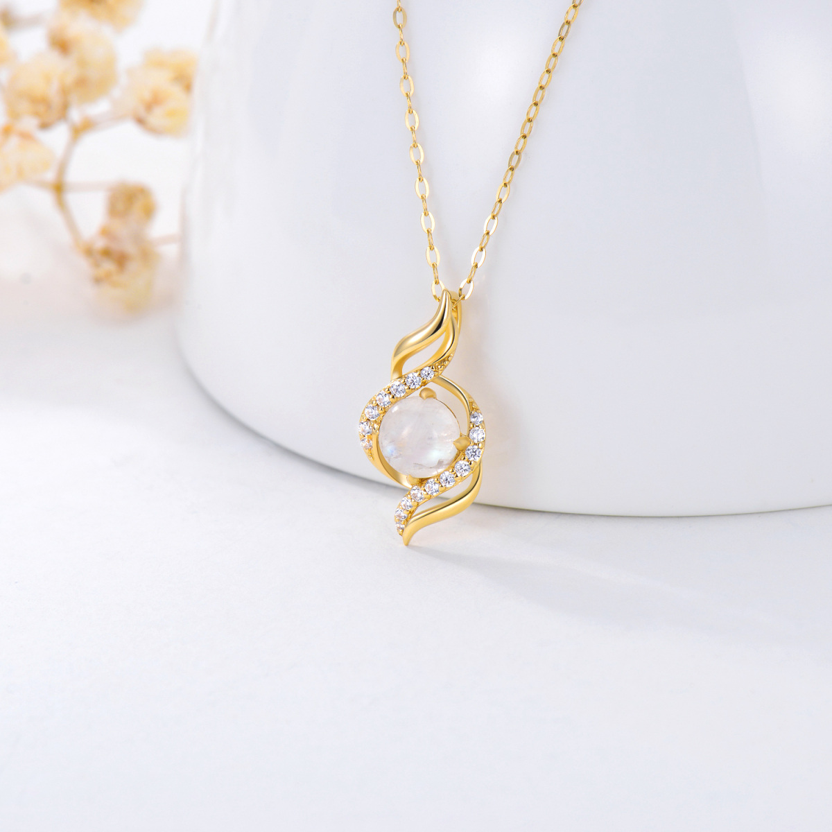 10K Gold Cubic Zirconia & Moonstone Ribbon Pendant Necklace-3