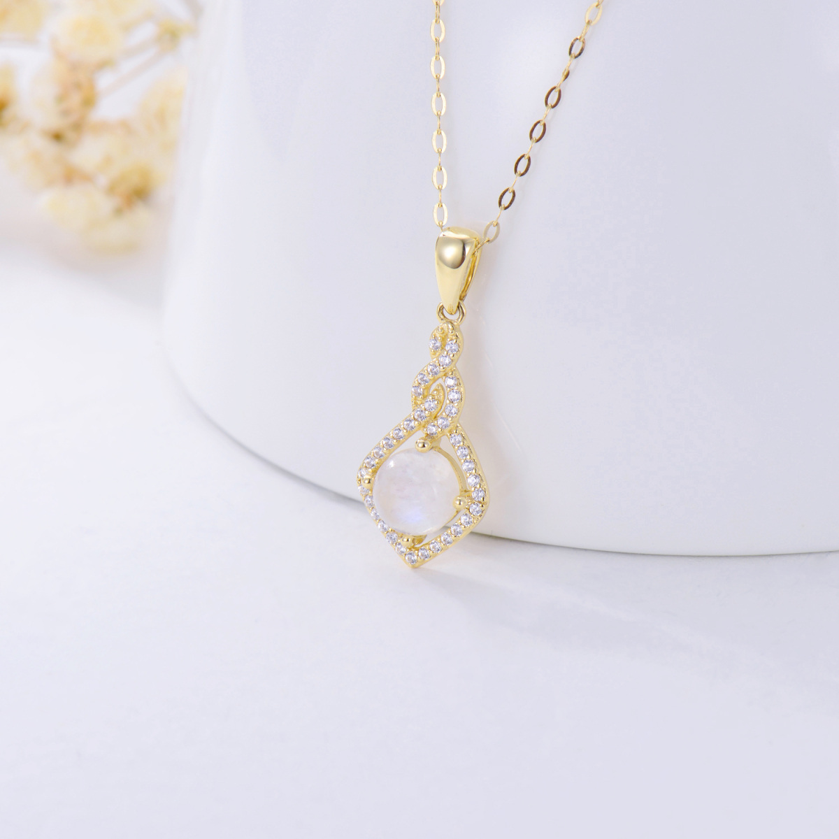 Collier à pendentif carré en or 14K avec pierre de lune et zircon cubique-3