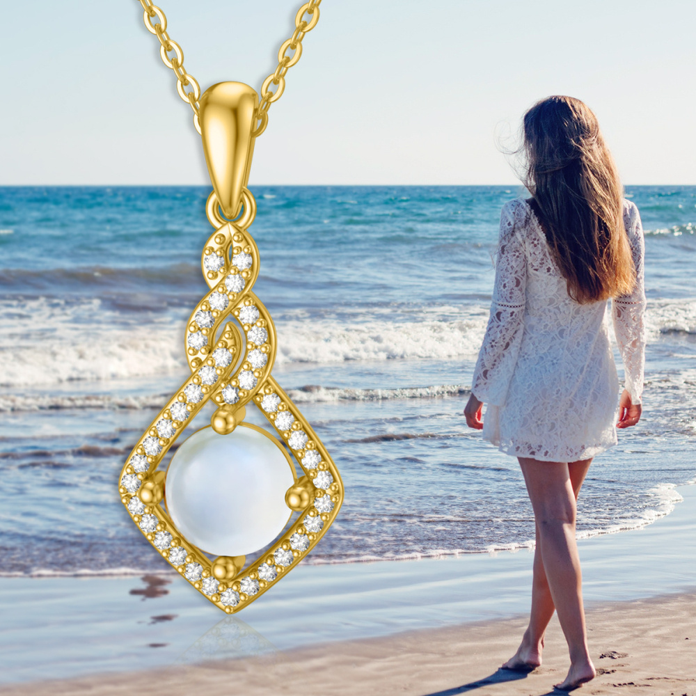 10K Gold Moonstone & Cubic Zirconia Square Pendant Necklace-5