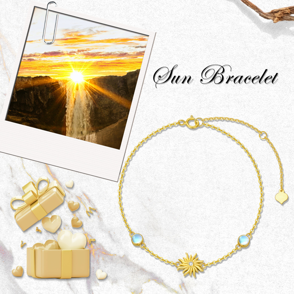 10K Gold Cubic Zirconia & Moonstone Sunflower Charm Bracelet-6