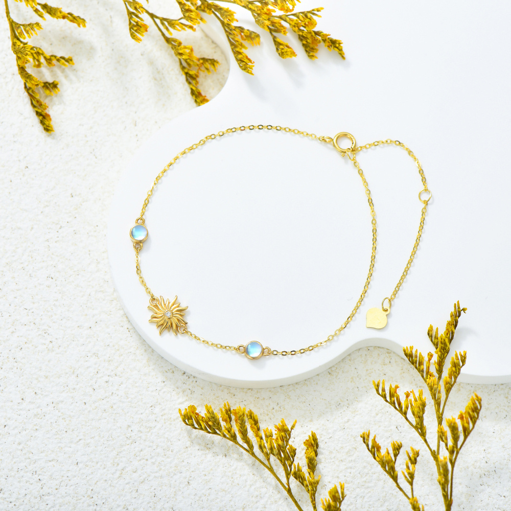 10K Gold Cubic Zirconia & Moonstone Sunflower Charm Bracelet-3