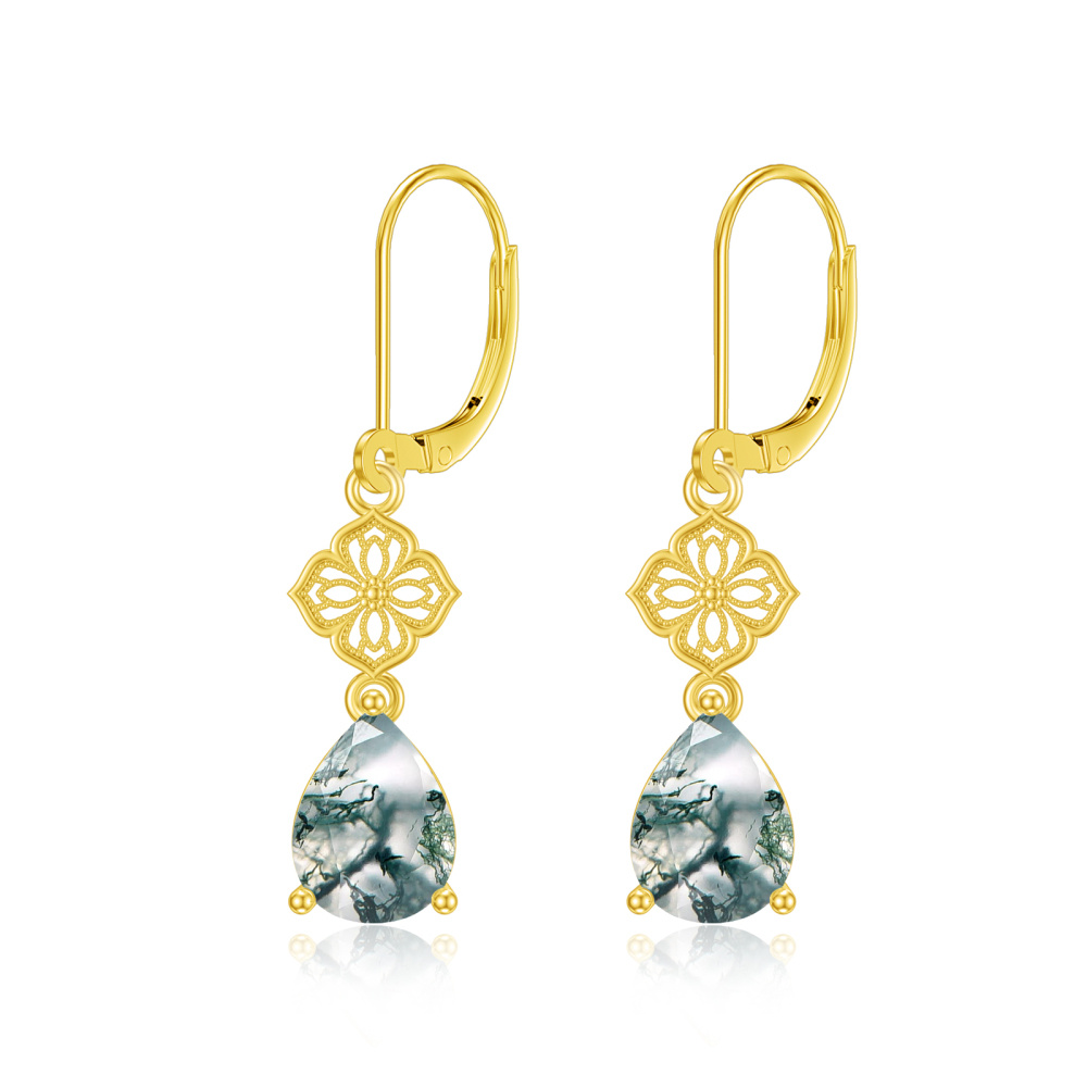 10K Gold Moss Agate Drop Shape Lever-back Earrings-1