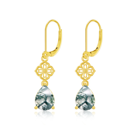 Boucles d'oreilles à levier en or 14K en forme de goutte d'agate moussue