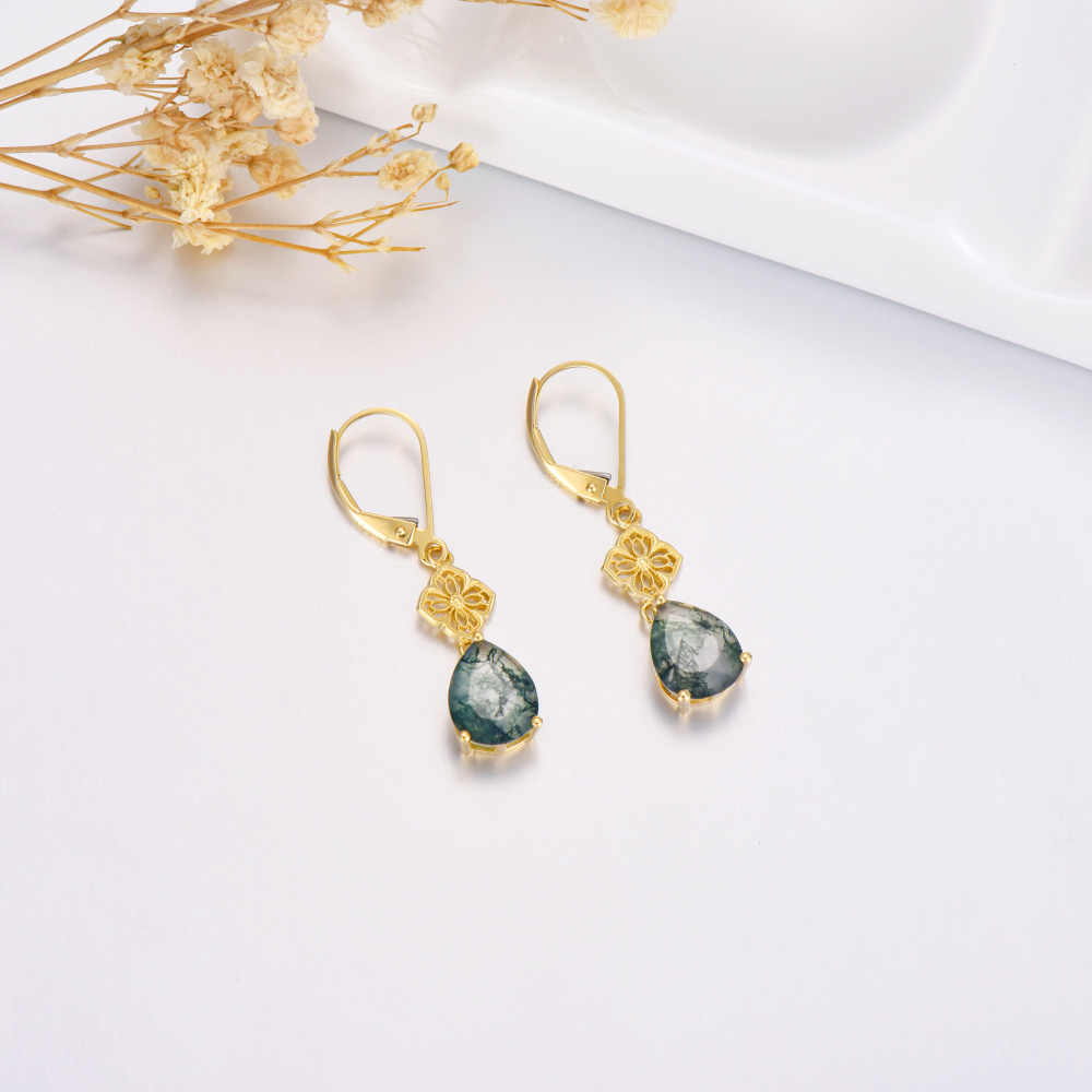 10K Gold Moss Agate Drop Shape Lever-back Earrings-3
