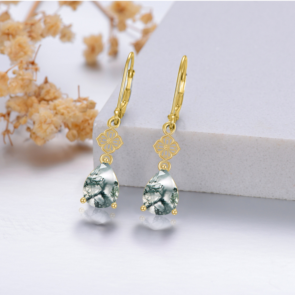 10K Gold Moss Agate Drop Shape Lever-back Earrings-4