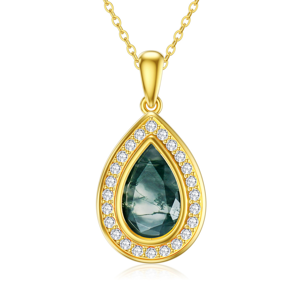 10K Gold Moss Agate Drop Shape Pendant Necklace-1