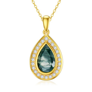 10K Gold Moss Agate Drop Shape Pendant Necklace-33