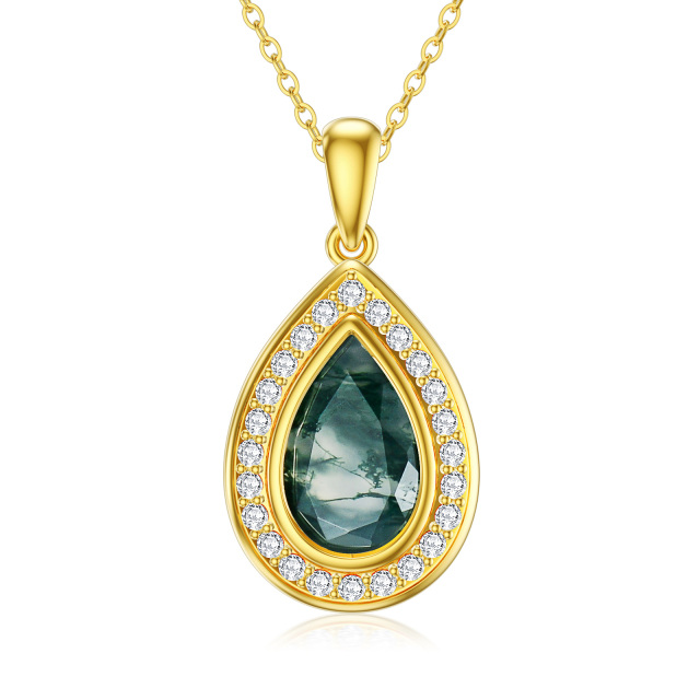 10K Gold Moss Agate Drop Shape Pendant Necklace