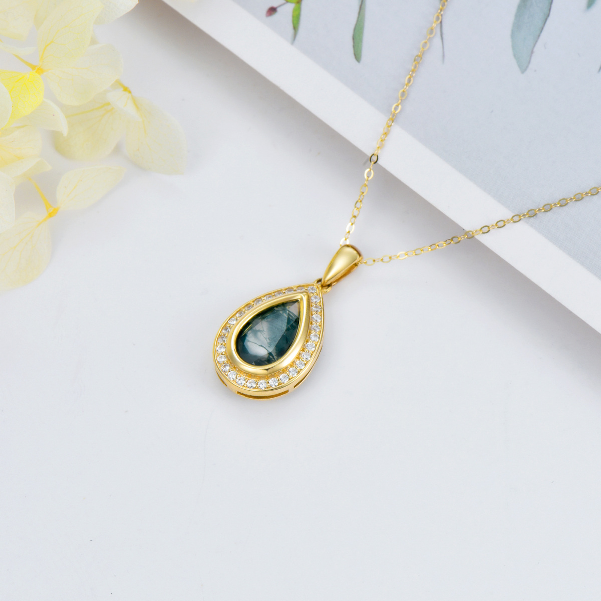 14K Gold Moss Agate Drop Shape Pendant Necklace-4