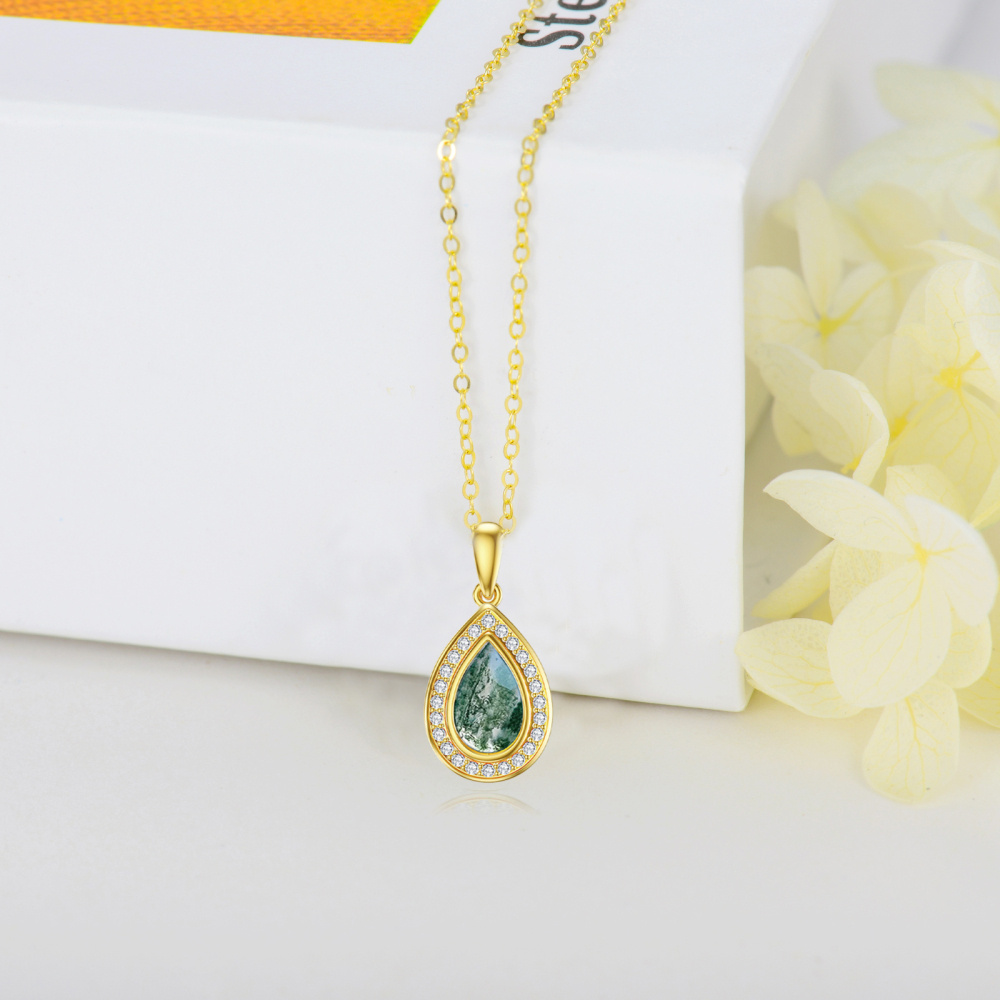 10K Gold Moss Agate Drop Shape Pendant Necklace-5