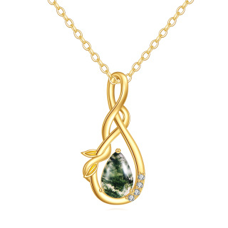 14K Gold Cubic Zirconia & Moss Agate Leaves & Infinity Symbol Pendant Necklace-1