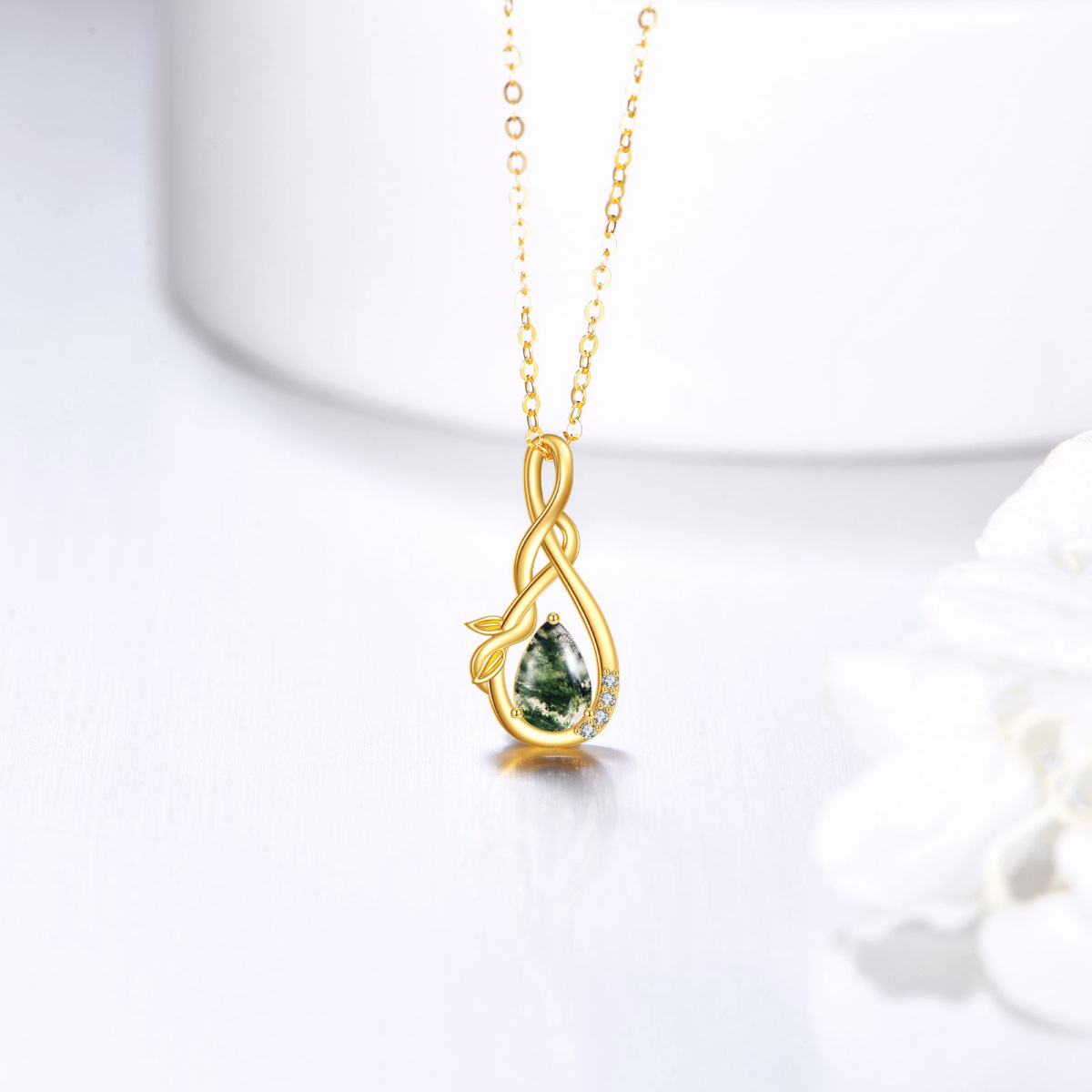 14K Gold Cubic Zirconia & Moss Agate Leaves & Infinity Symbol Pendant Necklace-4