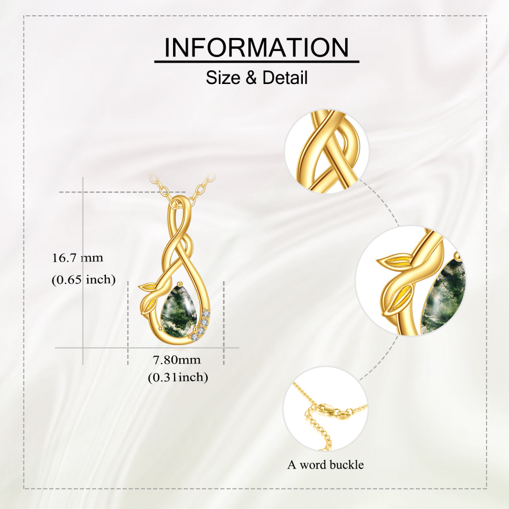 Colar com pendente de símbolo do infinito e folhas de ágata musgo e zircónia cúbica em ouro 10K-5