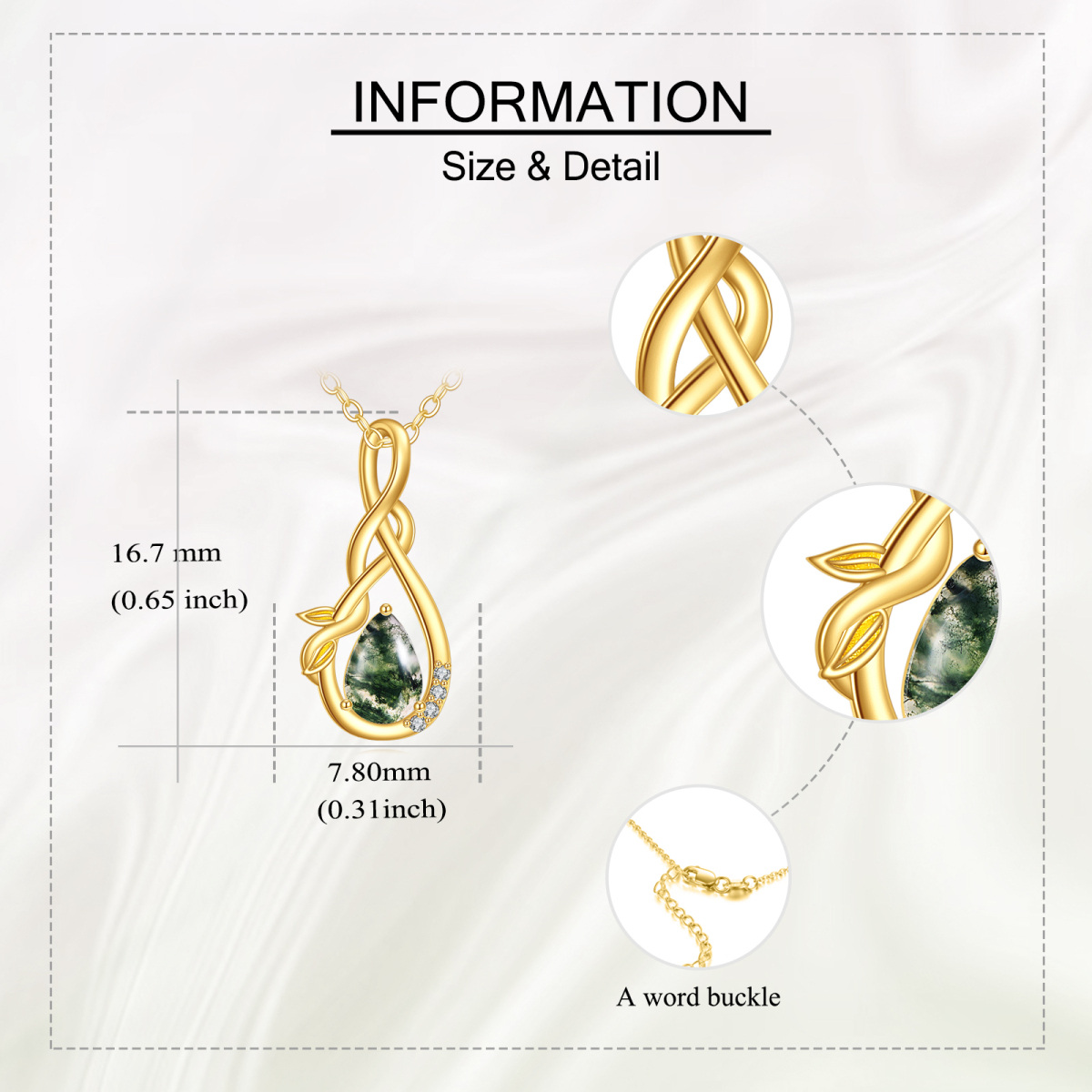 14K Gold Cubic Zirconia & Moss Agate Leaves & Infinity Symbol Pendant Necklace-5
