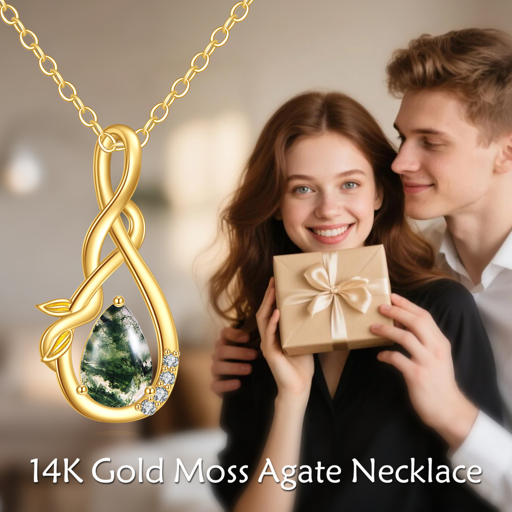 Colar com pendente de símbolo do infinito e folhas de ágata musgo e zircónia cúbica em ouro 10K-6