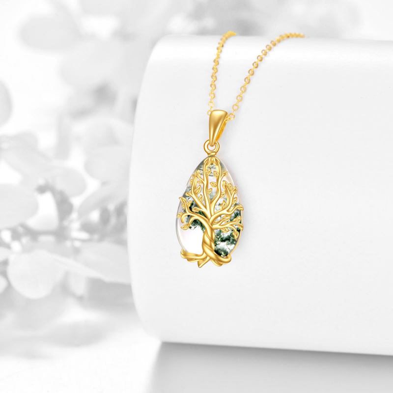14K Gold Moss Agate Tree Of Life Pendant Necklace-3
