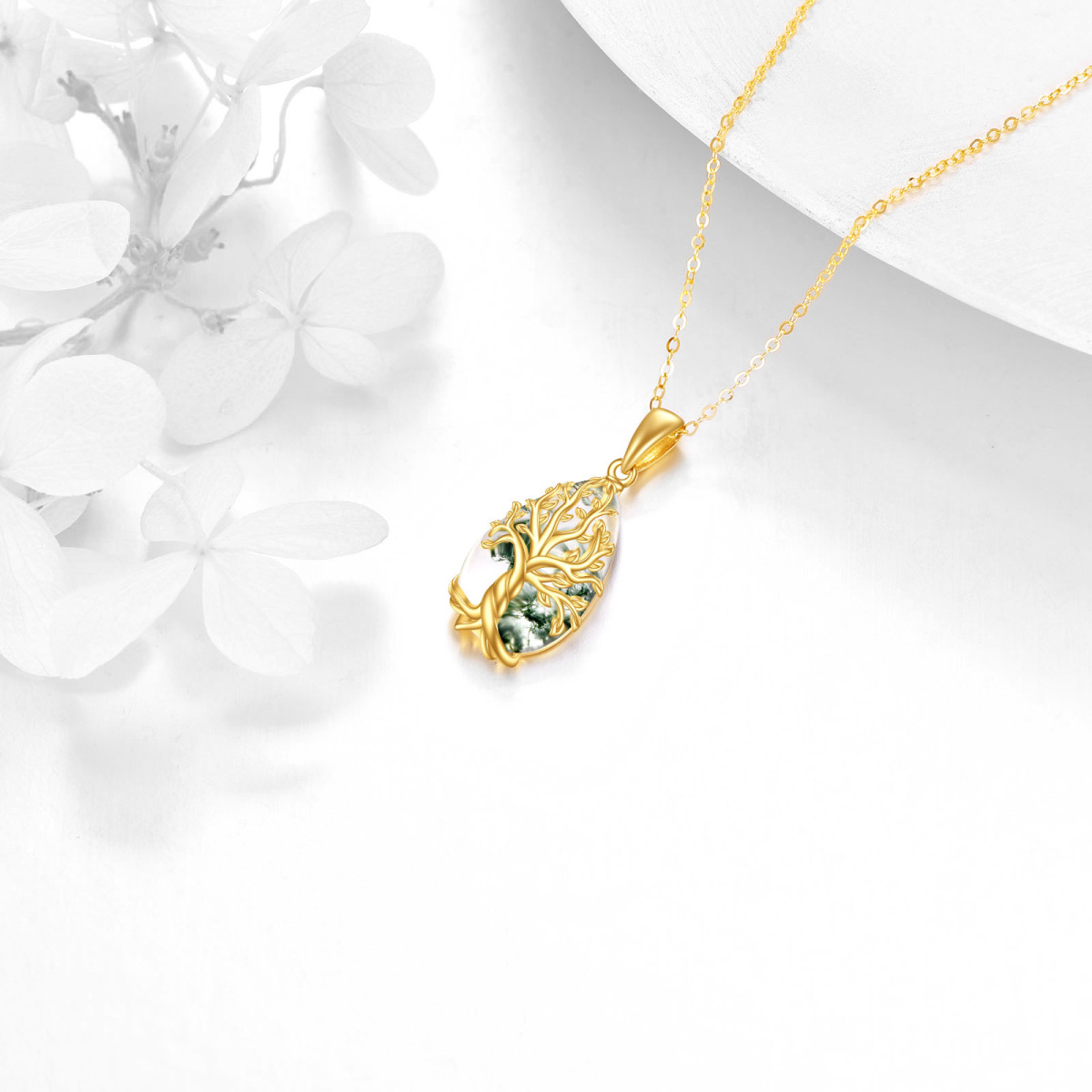 Collar con colgante de árbol de la vida de ágata musgosa en oro de 14 quilates-4