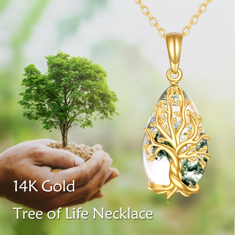 14K Gold Moss Agate Tree Of Life Pendant Necklace-6