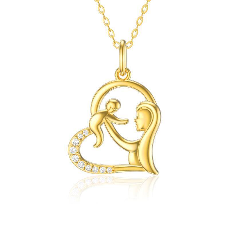 Colar com pingente de coração de mãe e bebé em zircónio cúbico em ouro de 14K-1