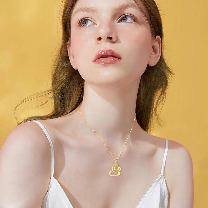 10K Gold Cubic Zirconia Mother & Baby Heart Pendant Necklace-2