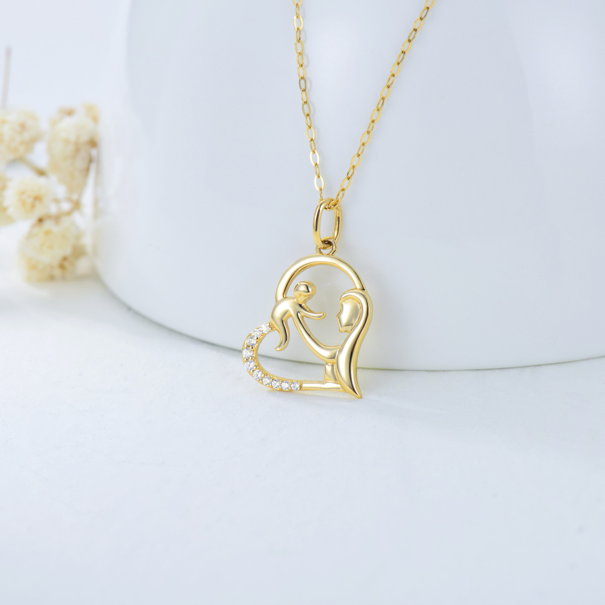 Colar com pingente de coração de mãe e bebé em zircónio cúbico em ouro de 14K-4