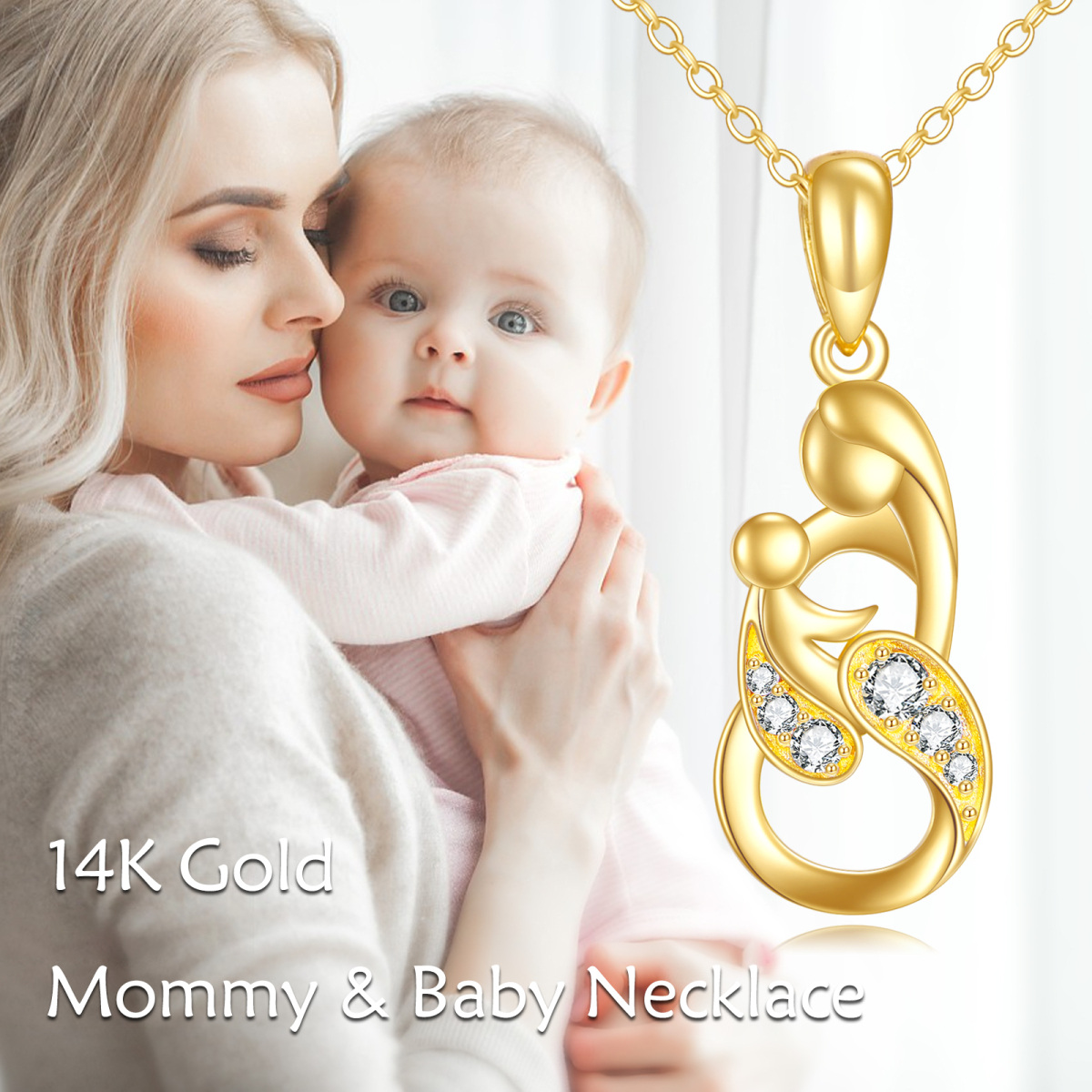 14K Gold Cubic Zirconia Mother & Children Pendant Necklace-6