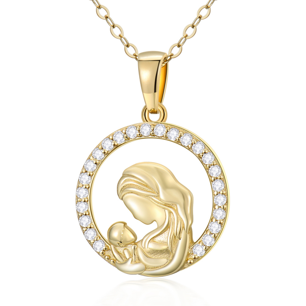 10K Gold Cubic Zirconia Mother & Circle Pendant Necklace-1