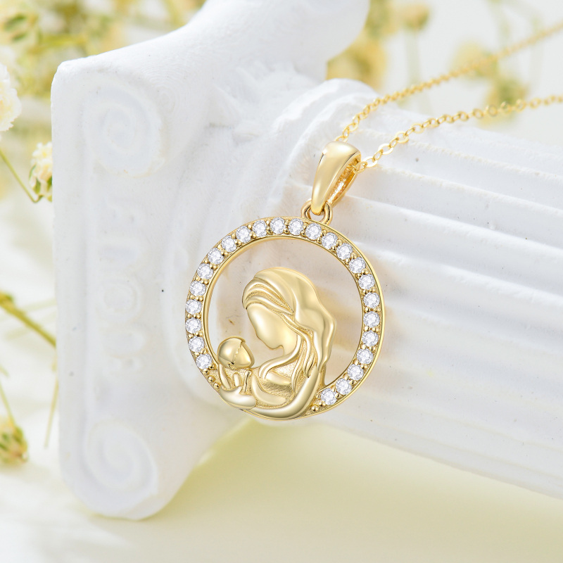 10K Gold Cubic Zirconia Mother & Circle Pendant Necklace-3