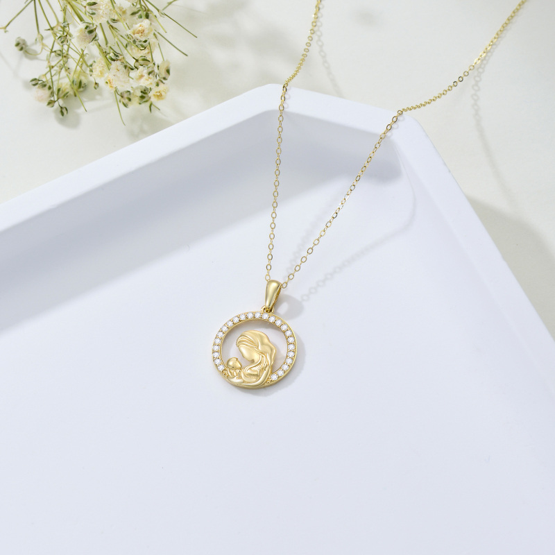 10K Gold Cubic Zirconia Mother & Circle Pendant Necklace-4