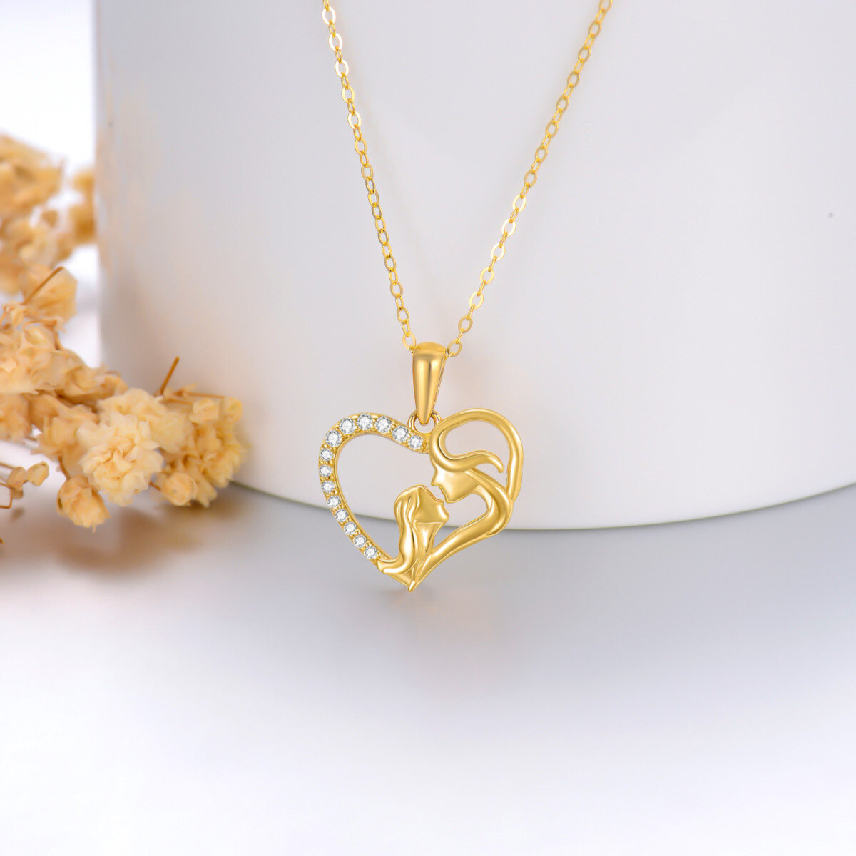 14K Gold Cubic Zirconia Mother & Daughter Contour Heart Pendant Necklace-3