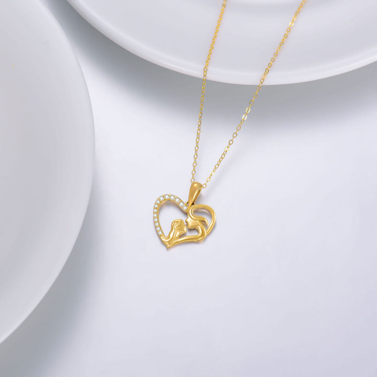 14K Gold Cubic Zirconia Mother & Daughter Contour Heart Pendant Necklace-4