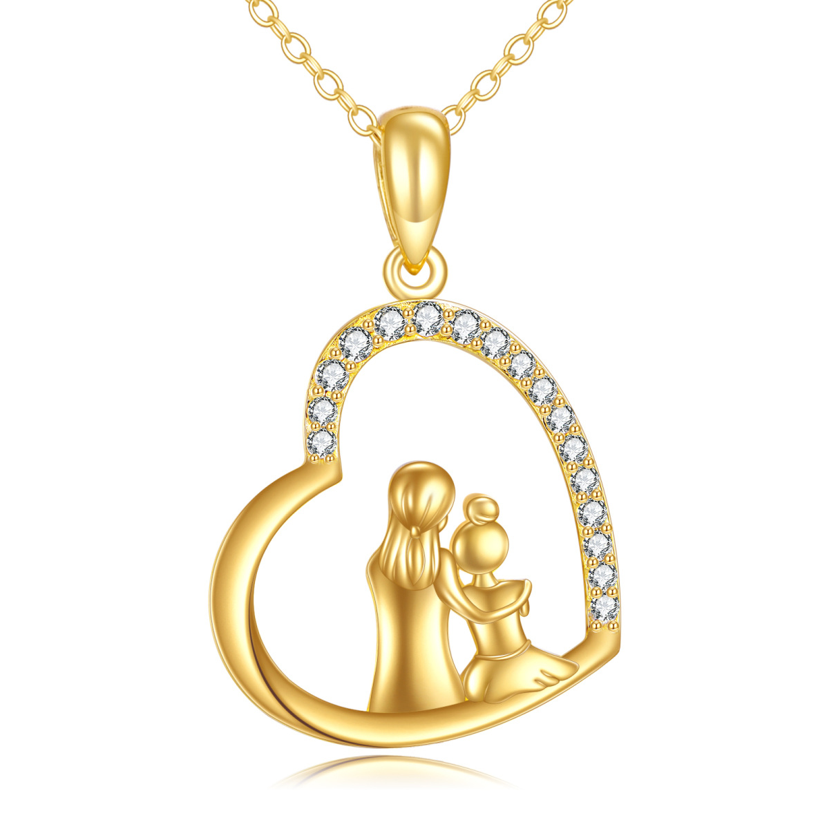 Collier avec pendentif cœur mère-fille en or 14 carats et zircone cubique-1