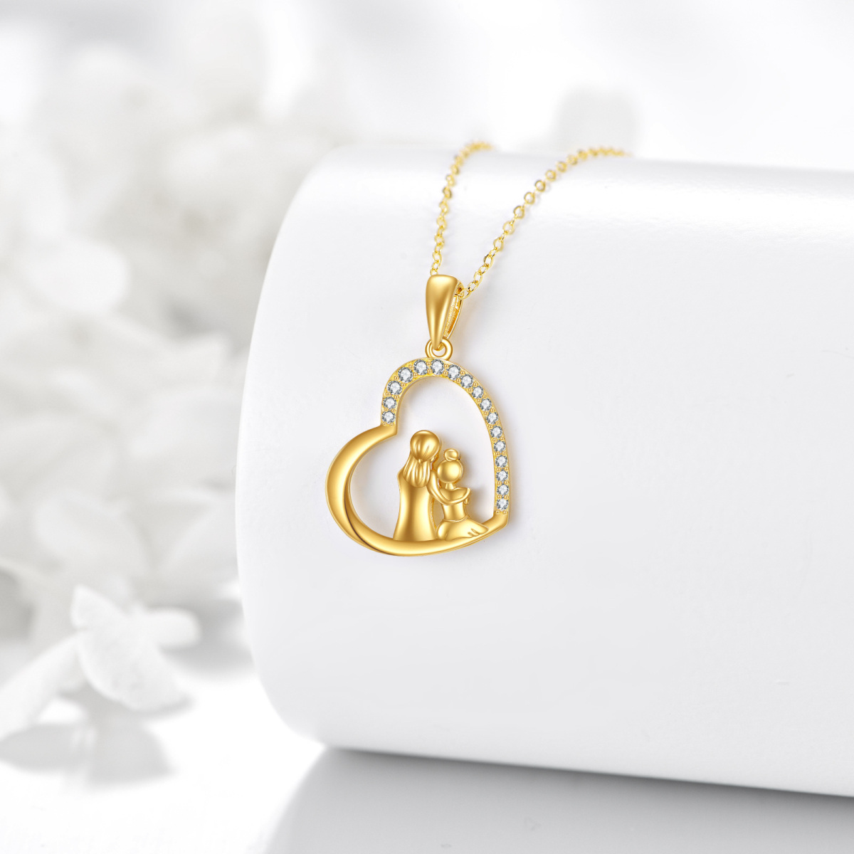 14K Gold Cubic Zirconia Mother & Daughter & Heart Pendant Necklace-3