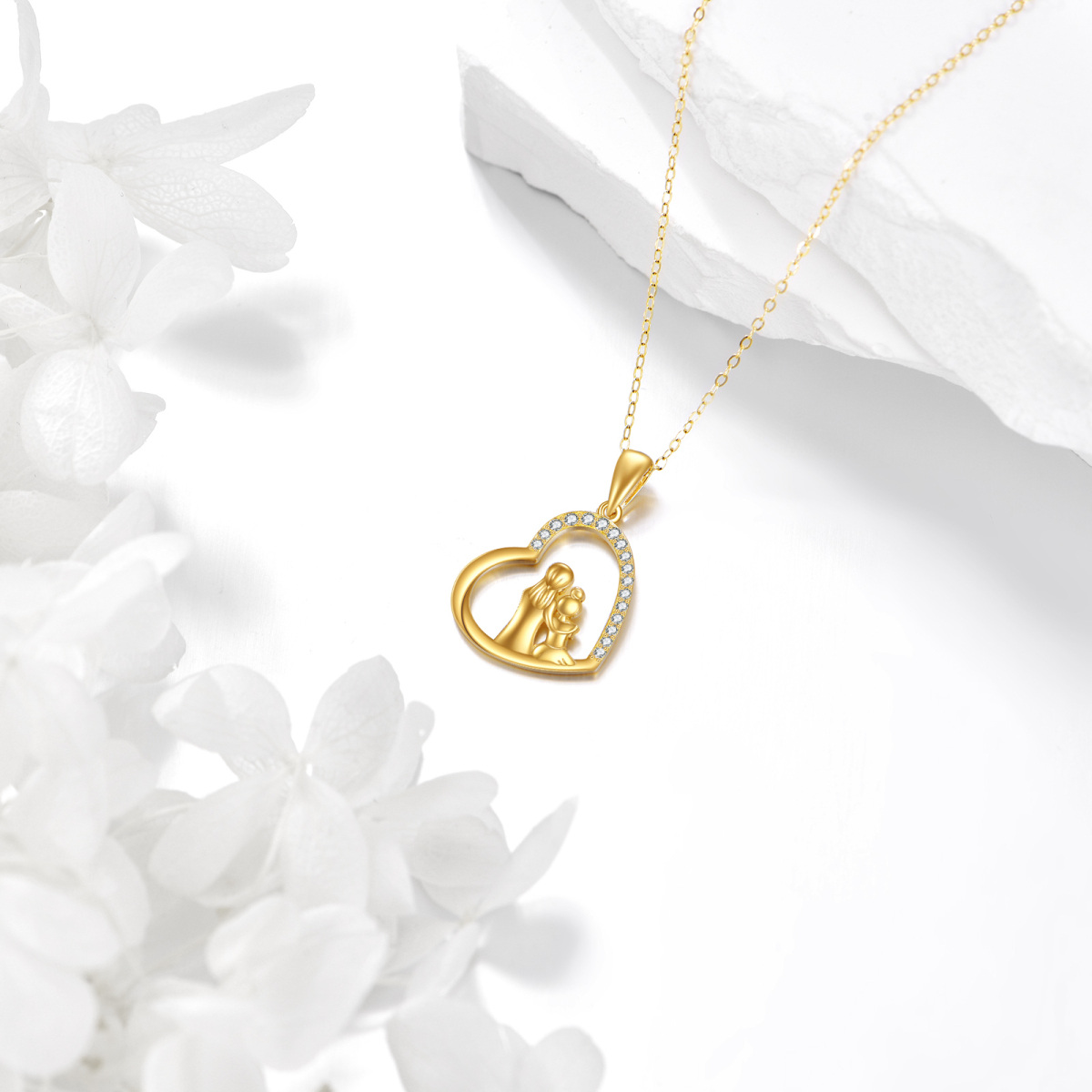 14K Gold Cubic Zirconia Mother & Daughter & Heart Pendant Necklace-4