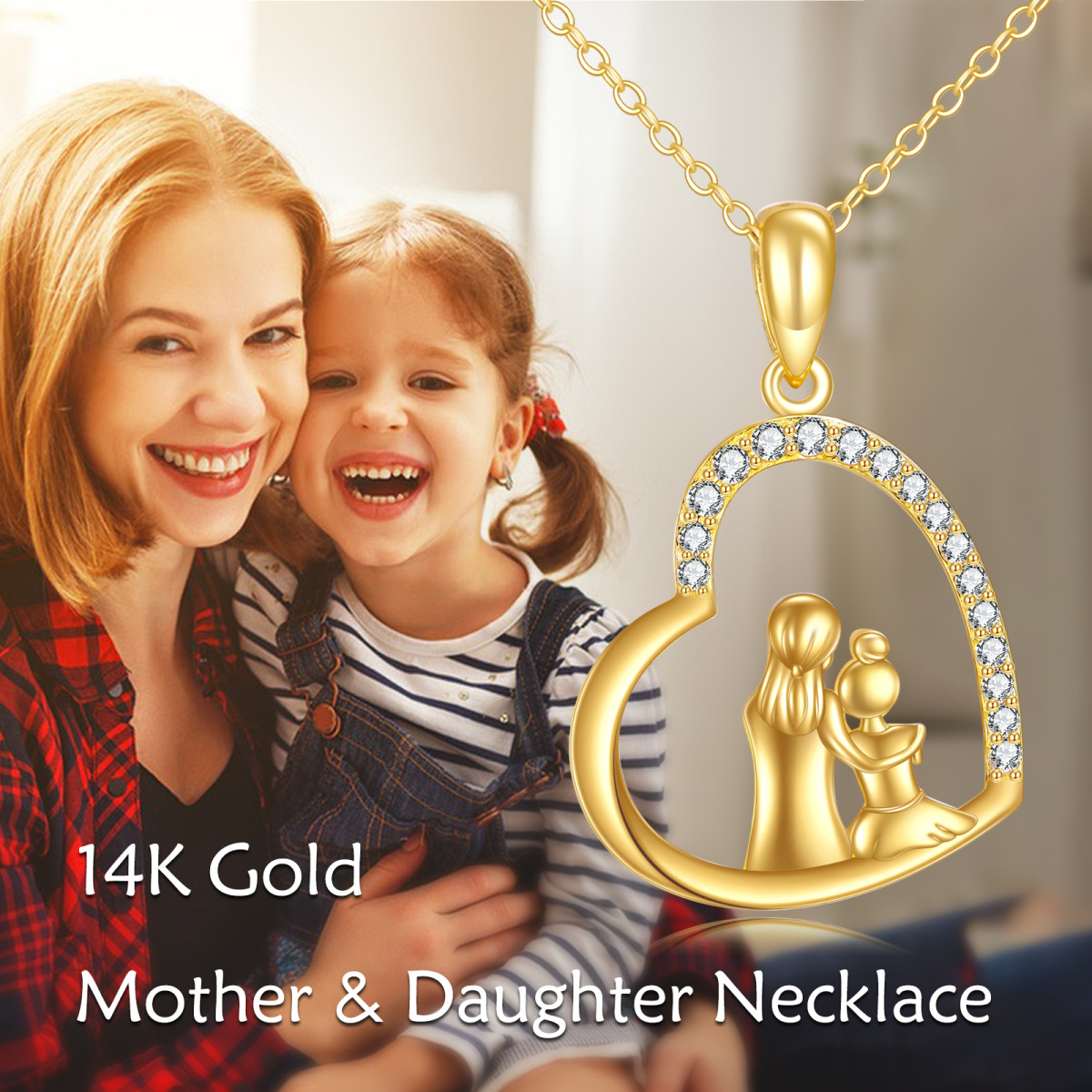 14K Gold Cubic Zirconia Mother & Daughter & Heart Pendant Necklace-6