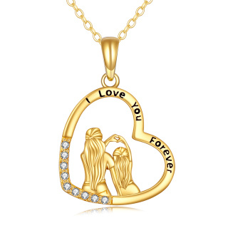 14K Gold Cubic Zirconia Mother & Daughter Heart Pendant Necklace with Engraved Word-9