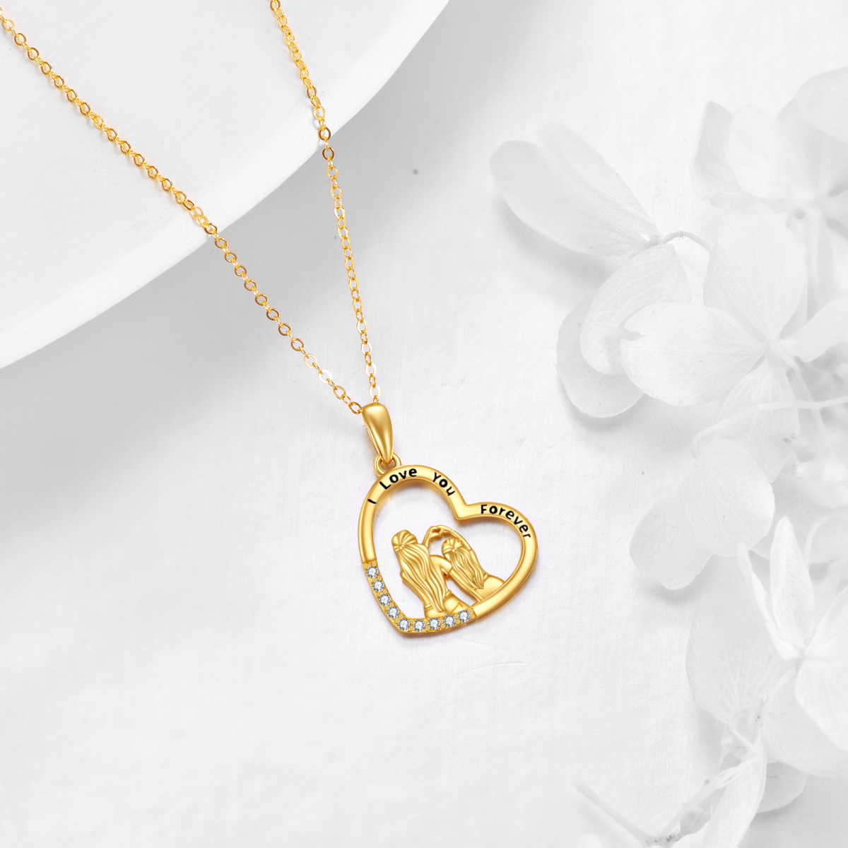 Collar con colgante de corazón para madre e hija en oro de 14 quilates con circonita cúbica y palabra grabada.-3