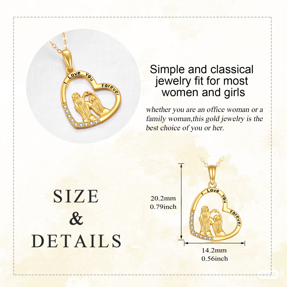 10K Gold Cubic Zirconia Mother & Daughter Heart Pendant Necklace with Engraved Word-5