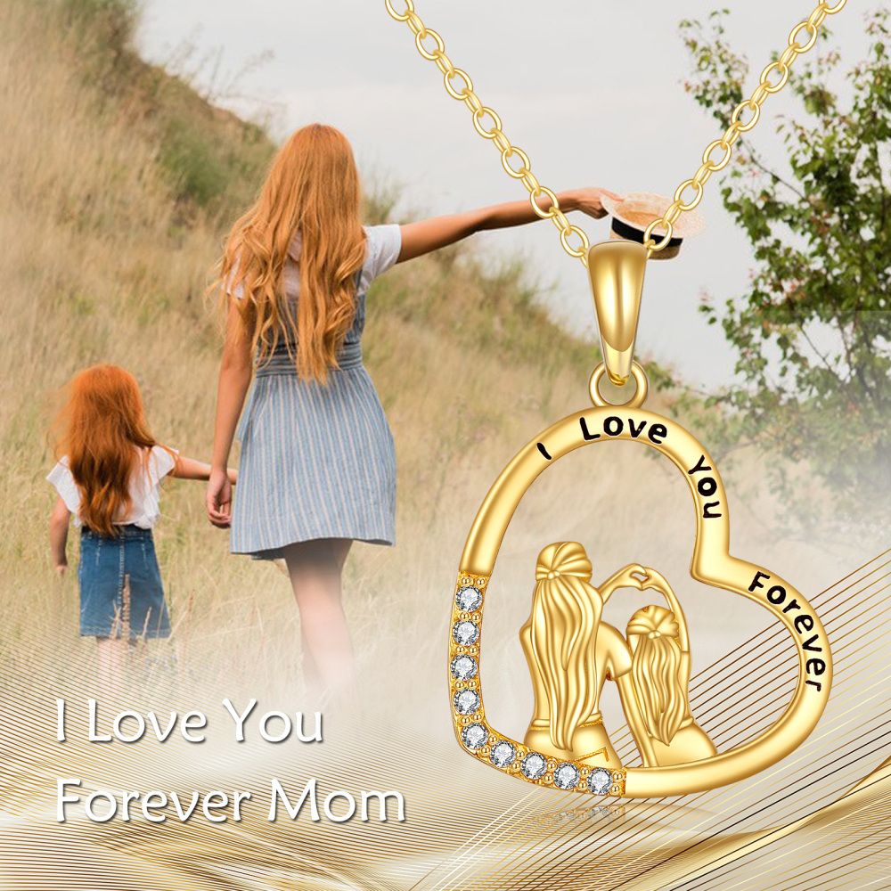 10K Gold Cubic Zirconia Mother & Daughter Heart Pendant Necklace with Engraved Word-6