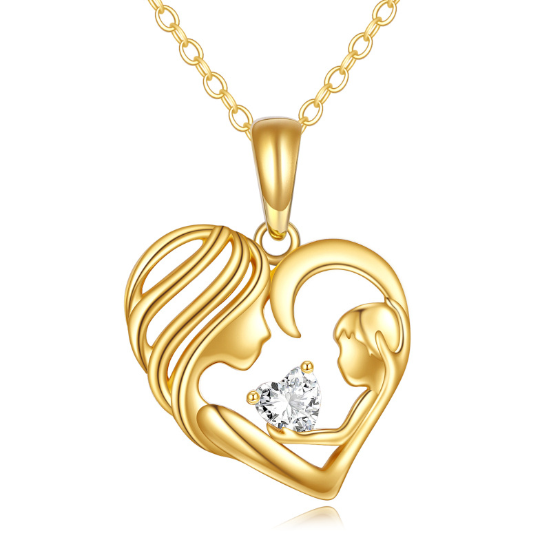 10K Gold Cubic Zirconia Mother & Daughter Heart Pendant Necklace-4