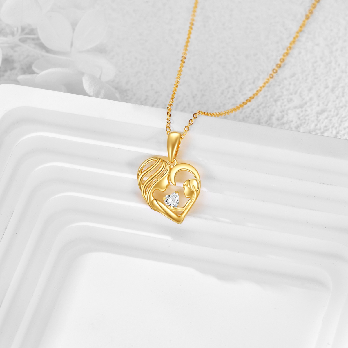 Collar con colgante de corazón para madre e hija con circonita cúbica en oro de 14 quilates-3