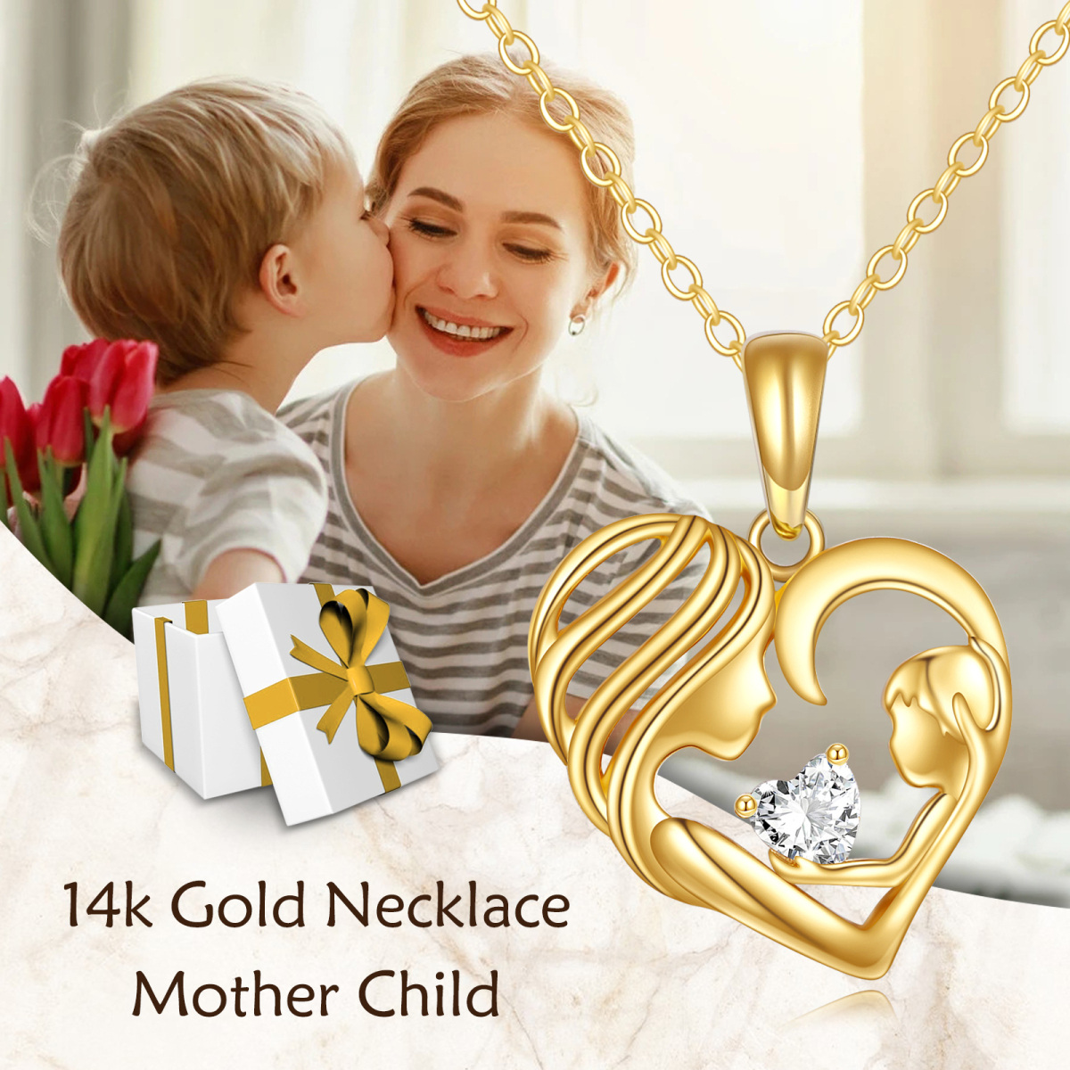 Collar con colgante de corazón para madre e hija con circonita cúbica en oro de 14 quilates-6