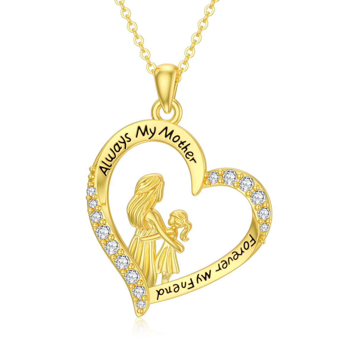 14K Gold Cubic Zirconia Mother & Daughter Heart Pendant Necklace with Engraved Word-1