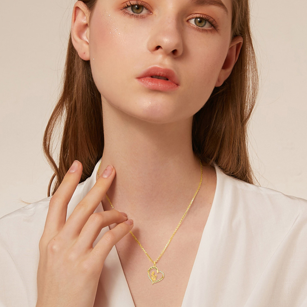 10K Gouden Cubic Zirconia Moeder & Dochter Hart Hanger Halsketting met Gegraveerd Woord-2