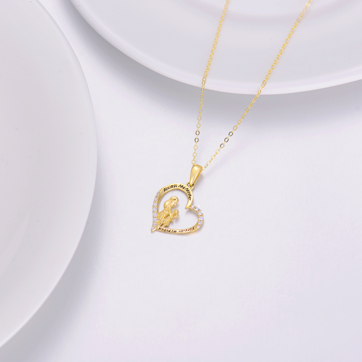 14K Gold Cubic Zirconia Mother & Daughter Heart Pendant Necklace with Engraved Word-3