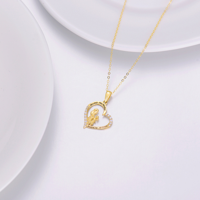 18K Gold Cubic Zirconia Mother & Daughter Heart Pendant Necklace with Engraved Word-3