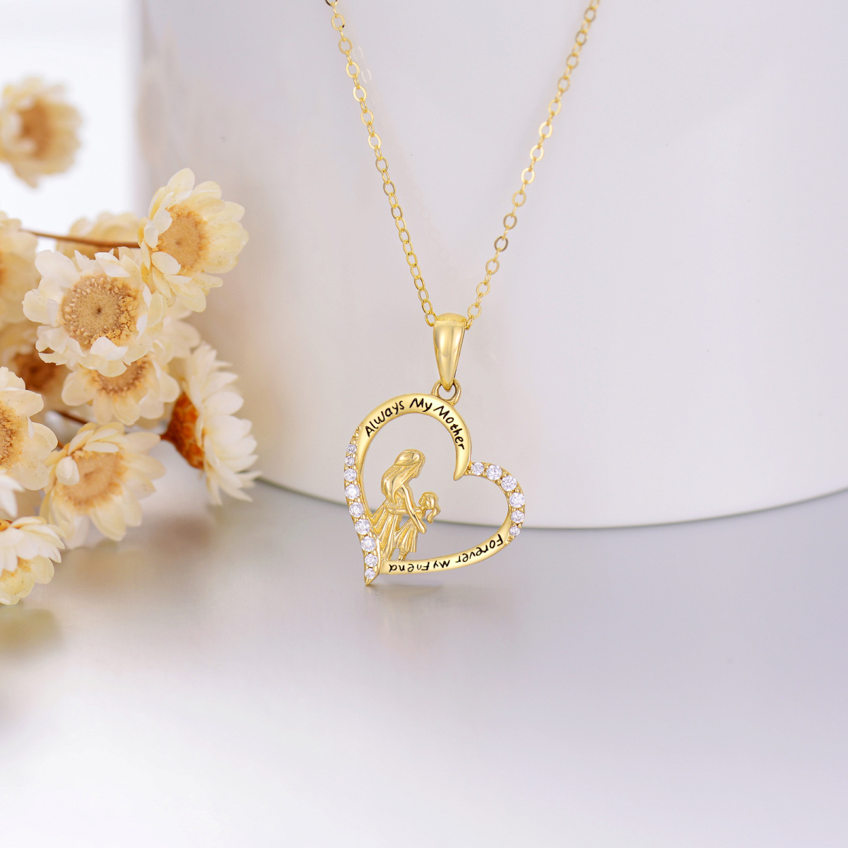 14K Gold Cubic Zirconia Mother & Daughter Heart Pendant Necklace with Engraved Word-4