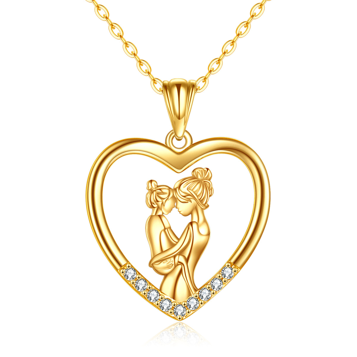 10K Gold Cubic Zirconia Mother With Daughter With Heart Pendant Necklace For Women Best Friend-1